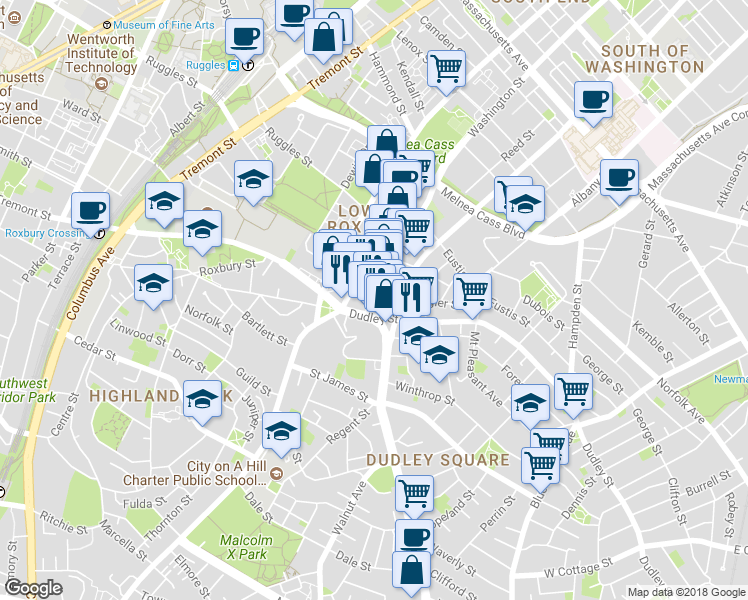 map of restaurants, bars, coffee shops, grocery stores, and more near 39 Warren Street in Boston