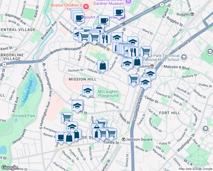 map of restaurants, bars, coffee shops, grocery stores, and more near 6 Harleston Street in Boston