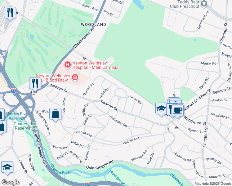 map of restaurants, bars, coffee shops, grocery stores, and more near 52 Metacomet Road in Newton