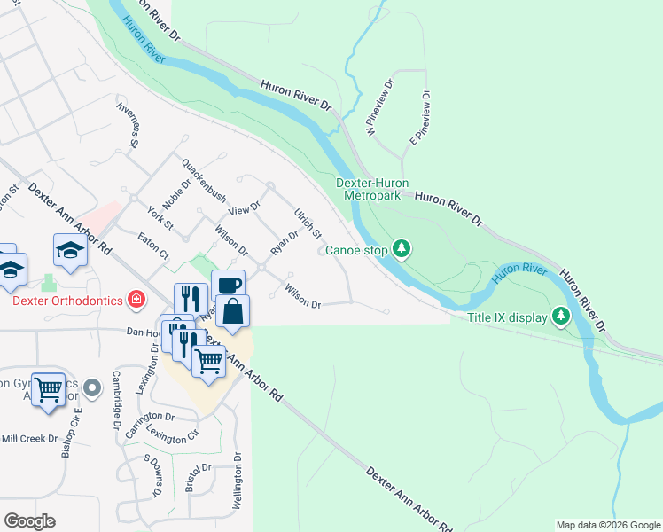 map of restaurants, bars, coffee shops, grocery stores, and more near 7044 Wilson Drive in Dexter