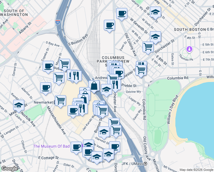 map of restaurants, bars, coffee shops, grocery stores, and more near 27-33 Boston Street in Boston