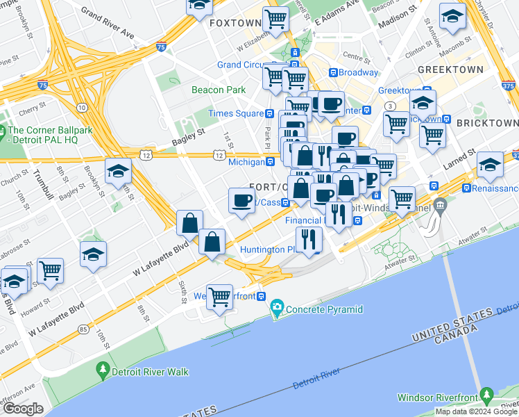 map of restaurants, bars, coffee shops, grocery stores, and more near 615 West Lafayette Boulevard in Detroit