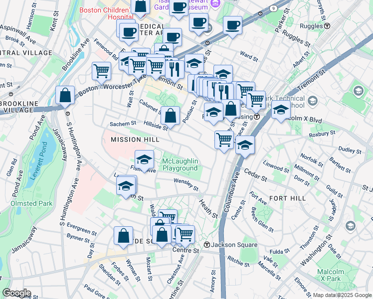 map of restaurants, bars, coffee shops, grocery stores, and more near 60 Hillside Street in Boston