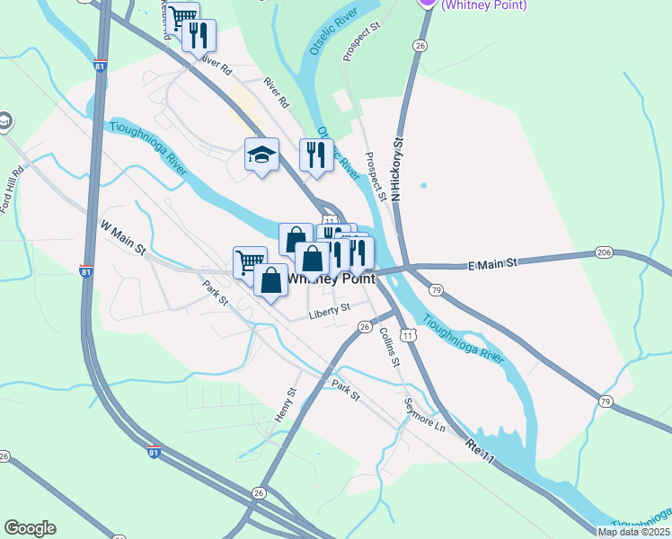 map of restaurants, bars, coffee shops, grocery stores, and more near 2672 Main Street in Whitney Point