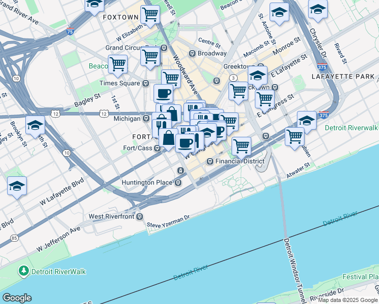 map of restaurants, bars, coffee shops, grocery stores, and more near 200 West Fort Street in Detroit
