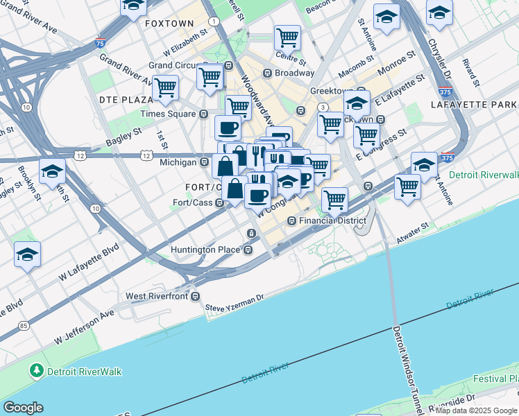 map of restaurants, bars, coffee shops, grocery stores, and more near 200 West Fort Street in Detroit