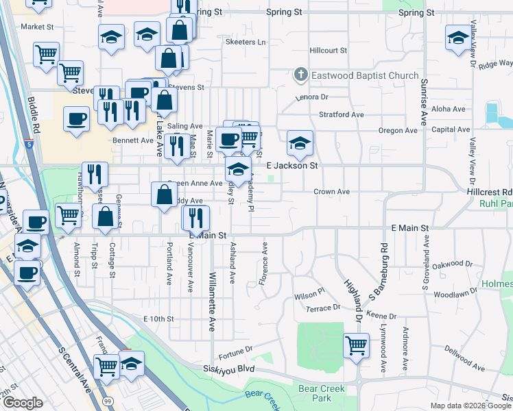 map of restaurants, bars, coffee shops, grocery stores, and more near 1312 Queen Anne Avenue in Medford