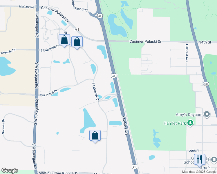 map of restaurants, bars, coffee shops, grocery stores, and more near 1675 South Lakeside Drive in Waukegan