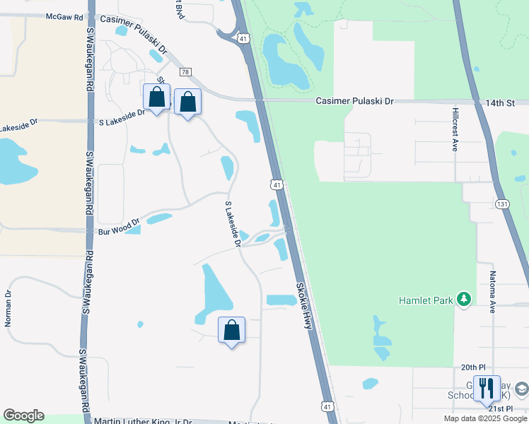 map of restaurants, bars, coffee shops, grocery stores, and more near 1675 South Lakeside Drive in Waukegan