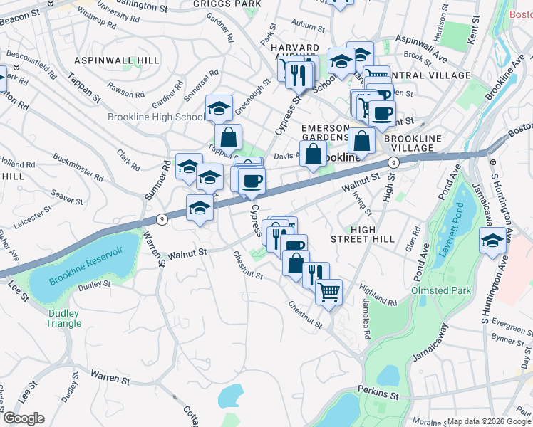 map of restaurants, bars, coffee shops, grocery stores, and more near 11 East Milton Road in Brookline