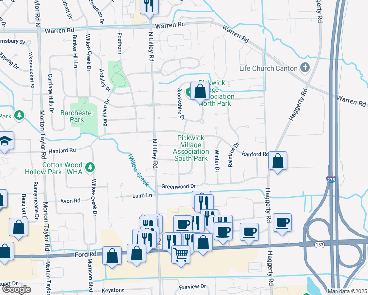 map of restaurants, bars, coffee shops, grocery stores, and more near 42205 Hanford Road in Canton