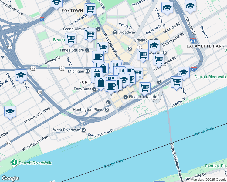 map of restaurants, bars, coffee shops, grocery stores, and more near 607 Shelby Street in Detroit