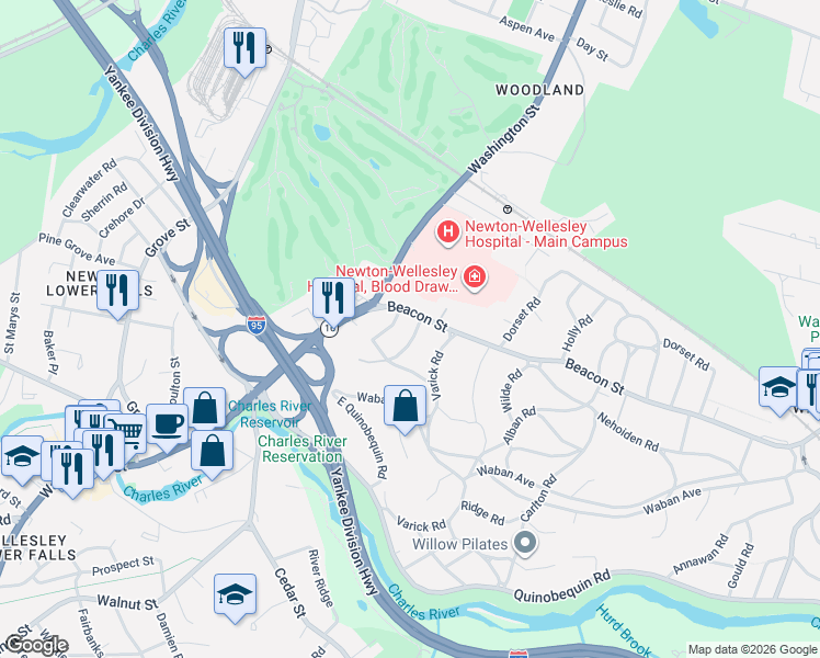 map of restaurants, bars, coffee shops, grocery stores, and more near 2019 Beacon Street in Newton