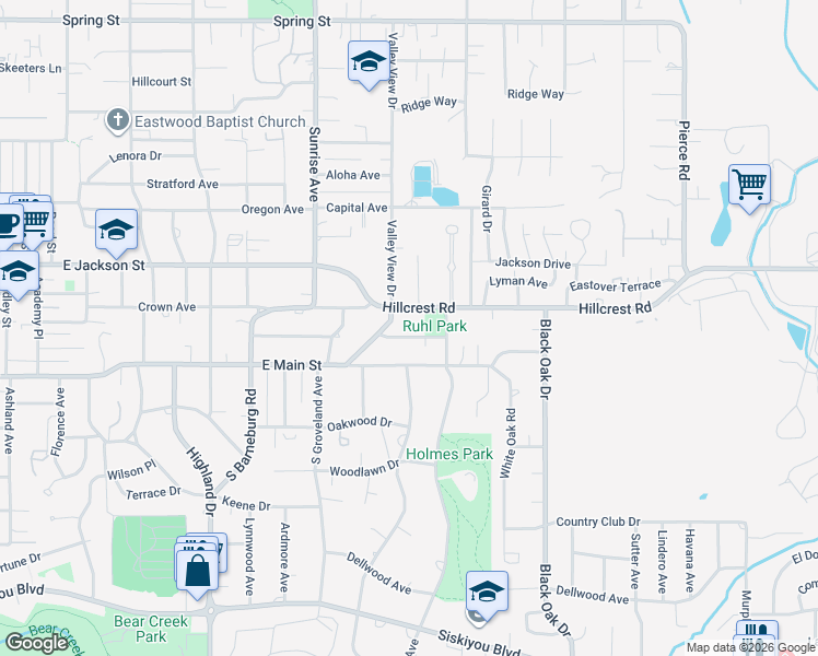 map of restaurants, bars, coffee shops, grocery stores, and more near 96 Valley View Drive in Medford