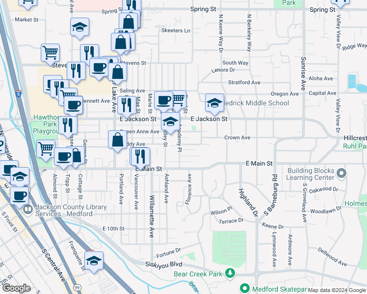 map of restaurants, bars, coffee shops, grocery stores, and more near 1312 Queen Anne Avenue in Medford