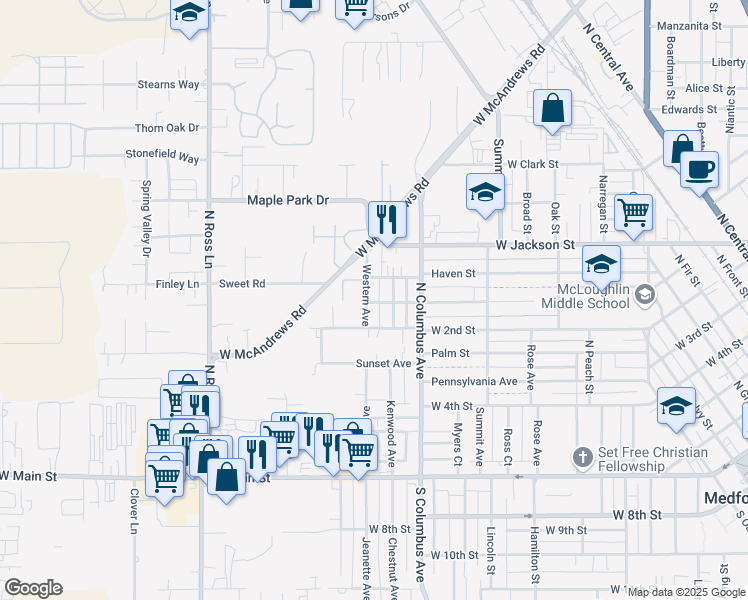 map of restaurants, bars, coffee shops, grocery stores, and more near 881 Humphrey Street in Medford
