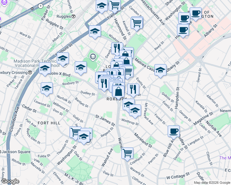 map of restaurants, bars, coffee shops, grocery stores, and more near in Boston