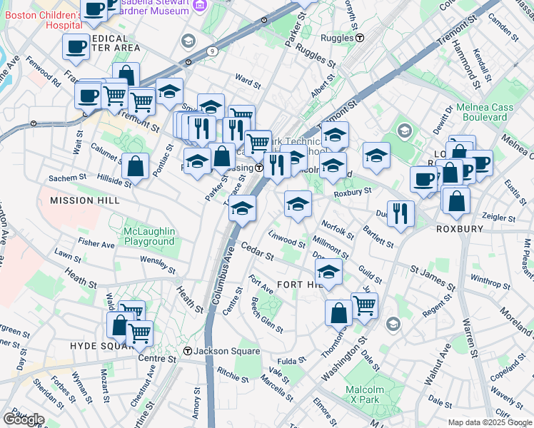 map of restaurants, bars, coffee shops, grocery stores, and more near Anita Terrace in Boston