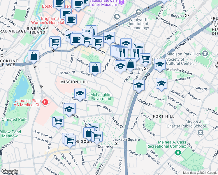 map of restaurants, bars, coffee shops, grocery stores, and more near 60 Hillside Street in Boston