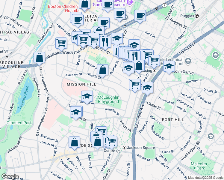 map of restaurants, bars, coffee shops, grocery stores, and more near 60 Hillside Street in Boston