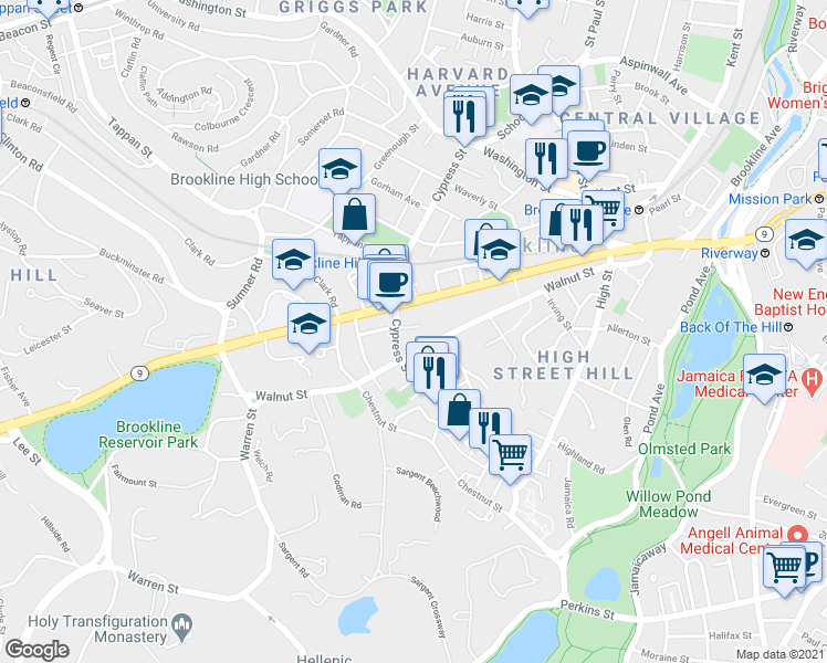 map of restaurants, bars, coffee shops, grocery stores, and more near 308 Boylston Street in Brookline