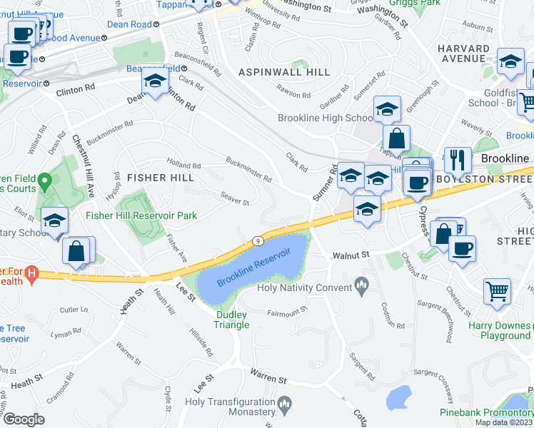 map of restaurants, bars, coffee shops, grocery stores, and more near 46 Seaver Street in Brookline