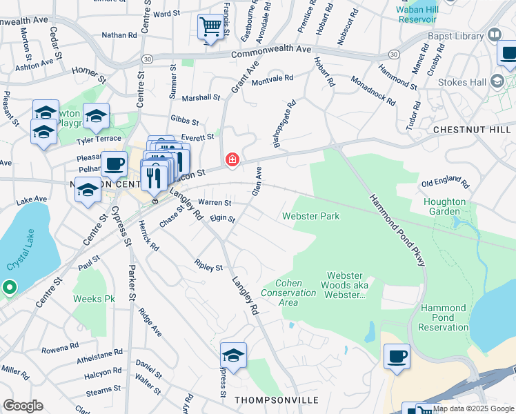 map of restaurants, bars, coffee shops, grocery stores, and more near 11BB Beacon Place in Newton