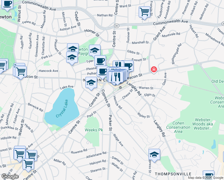 map of restaurants, bars, coffee shops, grocery stores, and more near 780 Beacon Street in Newton