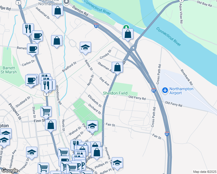 map of restaurants, bars, coffee shops, grocery stores, and more near 300 Bridge Street in Northampton