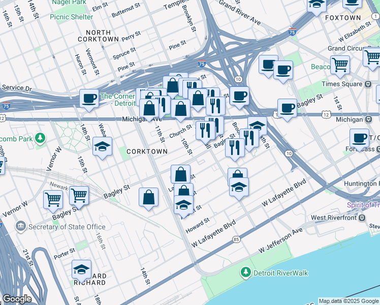 map of restaurants, bars, coffee shops, grocery stores, and more near 1536 Leverette Street in Detroit