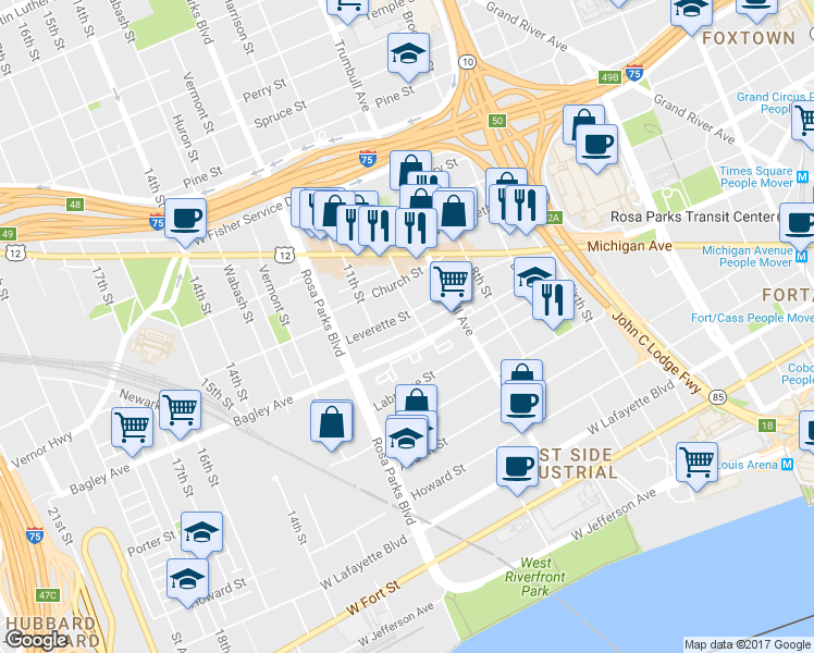 map of restaurants, bars, coffee shops, grocery stores, and more near 1536 Leverette Street in Detroit