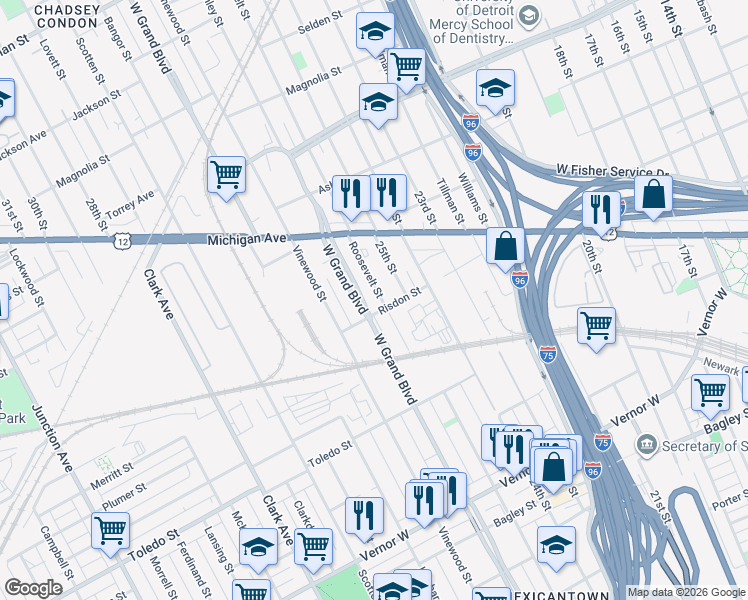 map of restaurants, bars, coffee shops, grocery stores, and more near 2751 25th Street in Detroit