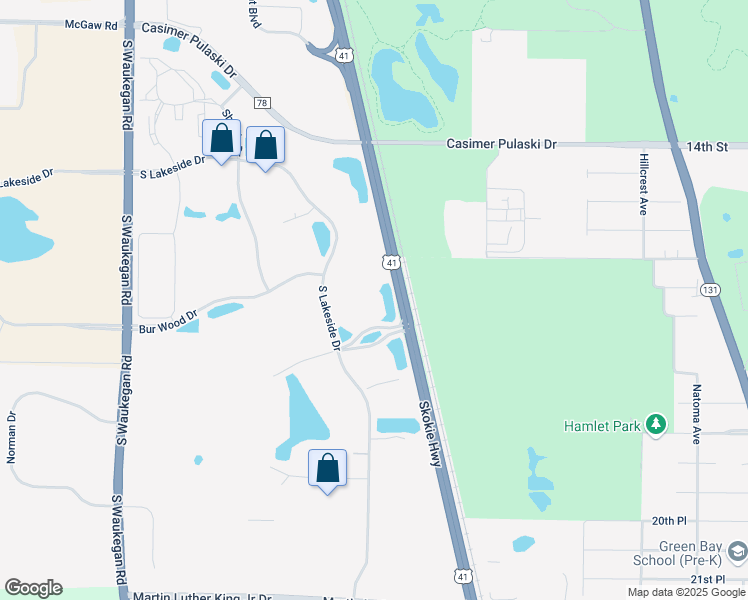 map of restaurants, bars, coffee shops, grocery stores, and more near 1615 South Lakeside Drive in Waukegan