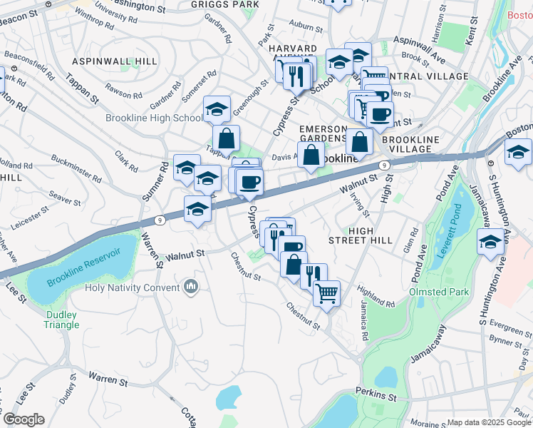 map of restaurants, bars, coffee shops, grocery stores, and more near 15 East Milton Road in Brookline