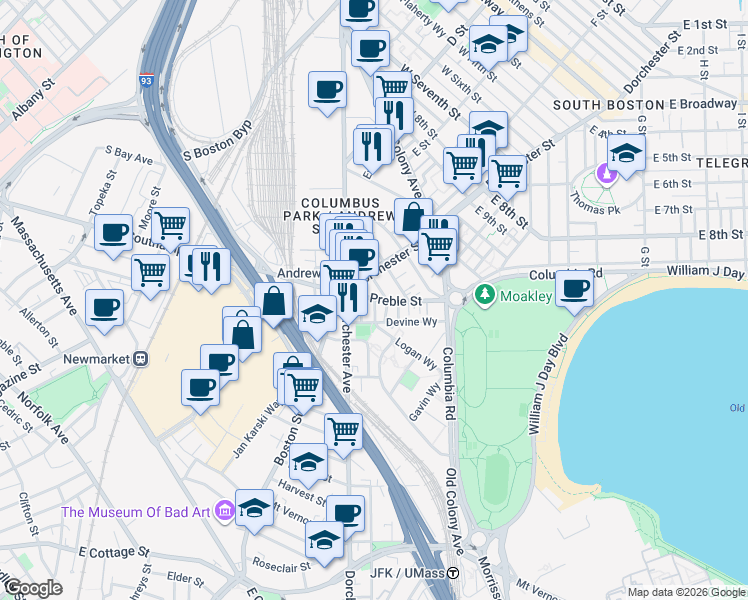 map of restaurants, bars, coffee shops, grocery stores, and more near 395 Dorchester Street in Boston