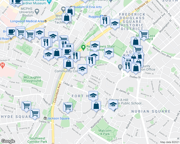 map of restaurants, bars, coffee shops, grocery stores, and more near 21A Highland Street in Boston