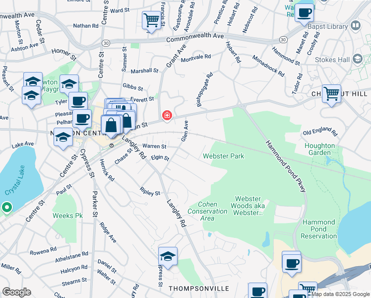 map of restaurants, bars, coffee shops, grocery stores, and more near 11BB Beacon Place in Newton