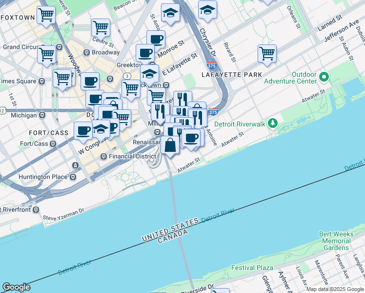 map of restaurants, bars, coffee shops, grocery stores, and more near 400 Renaissance Center in Detroit