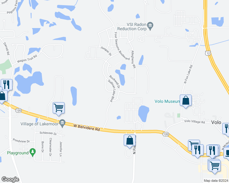 map of restaurants, bars, coffee shops, grocery stores, and more near Sullivan Lake Boulevard in Lakemoor