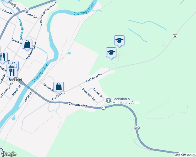 map of restaurants, bars, coffee shops, grocery stores, and more near 1435-1655 East River Road in Greene