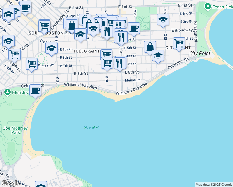 map of restaurants, bars, coffee shops, grocery stores, and more near 1793 William J Day Boulevard in Boston