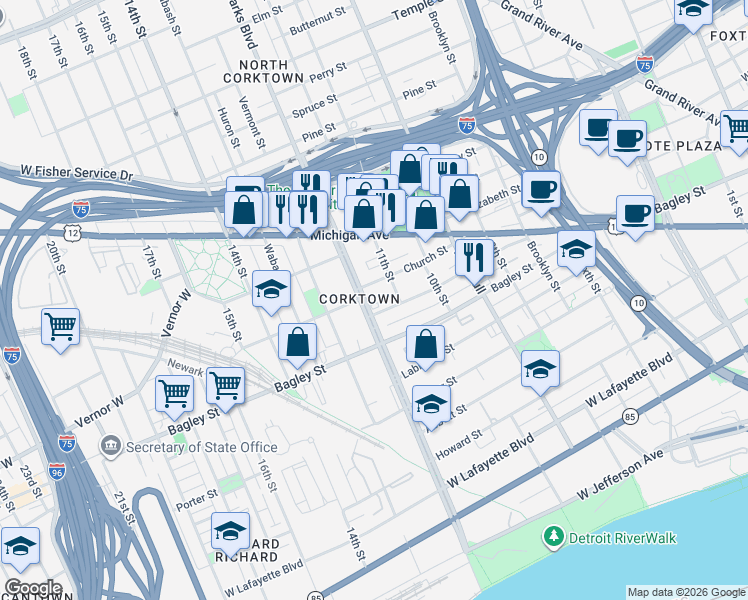 map of restaurants, bars, coffee shops, grocery stores, and more near 1820 Church Street in Detroit