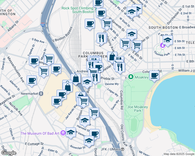 map of restaurants, bars, coffee shops, grocery stores, and more near 395 Dorchester Street in Boston