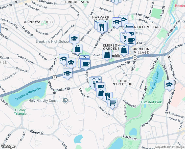 map of restaurants, bars, coffee shops, grocery stores, and more near 308 Boylston Street in Brookline
