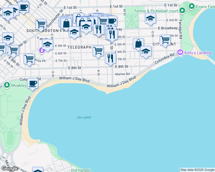 map of restaurants, bars, coffee shops, grocery stores, and more near 1793 William J Day Boulevard in Boston