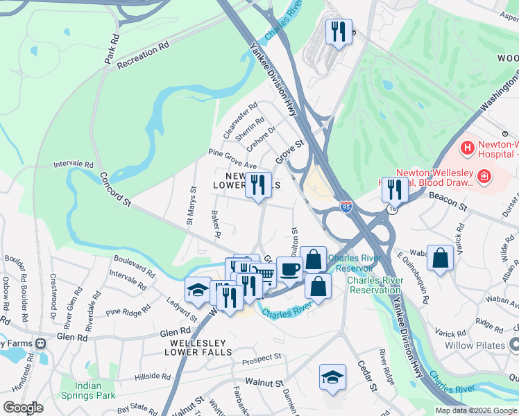map of restaurants, bars, coffee shops, grocery stores, and more near 577 Grove Street in Newton