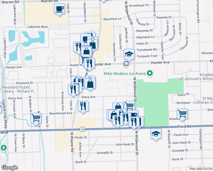 map of restaurants, bars, coffee shops, grocery stores, and more near 34601 Elmwood Street in Westland