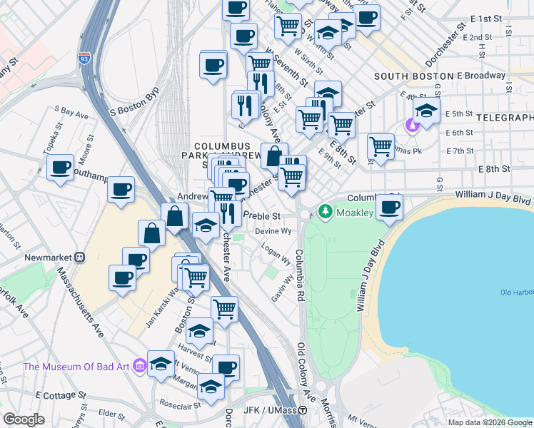 map of restaurants, bars, coffee shops, grocery stores, and more near 39 Ward Street in Boston