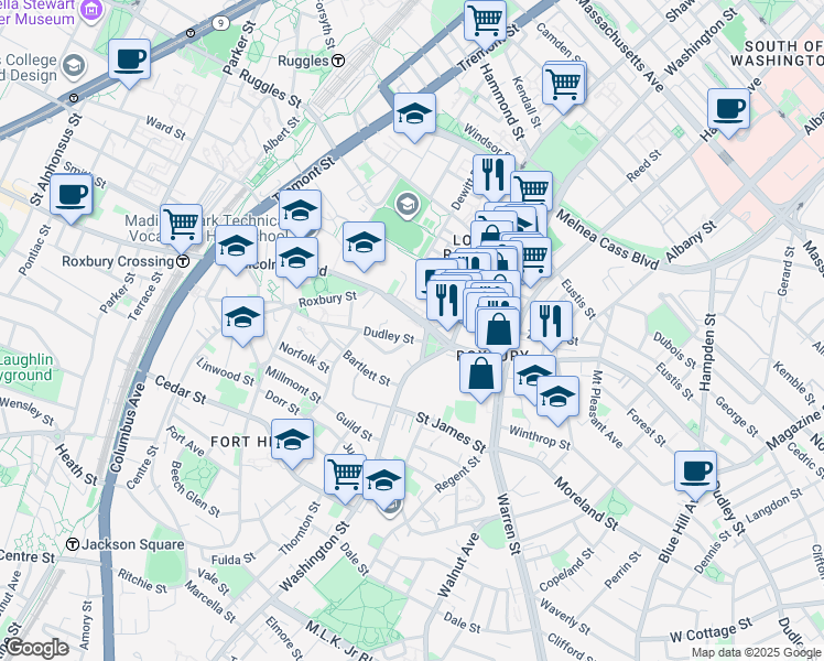 map of restaurants, bars, coffee shops, grocery stores, and more near 80 Dudley Street in Boston