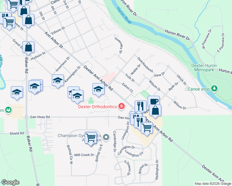 map of restaurants, bars, coffee shops, grocery stores, and more near 7305 Dexter Ann Arbor Road in Dexter